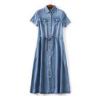 Short-sleeve Buttoned Denim Maxi Dress