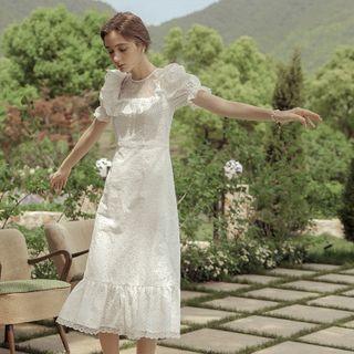 Bell-sleeve Ruffled Eyelet Midi A-line Dress