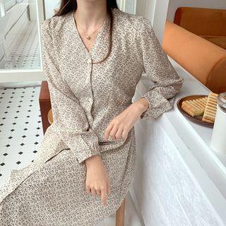 V-neck Buttoned Long Floral Dress