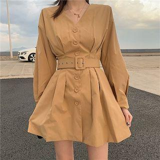 Plain V-neck Single-breasted Long-sleeve Dress With Belt