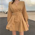 Plain V-neck Single-breasted Long-sleeve Dress With Belt