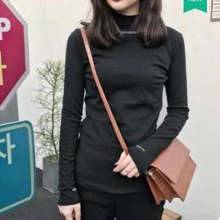 Letter Embroidered Mock-turtleneck Long-sleeve T-shirt