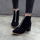Faux Suede Front Zip Chunky Heel Short Boots