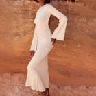 Bell-sleeve Ruffled-trim Open-back Long Dress