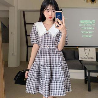 Short-sleeve Plaid Tiered Mini A-line Dress