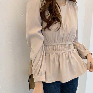 Round-neck Tie-side Peplum Blouse Light Beige - One Size