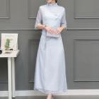 Mandarin Collar Printed 3/4-sleeve A-line Midi Dress