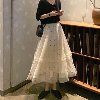 Dotted Mesh Midi A-line Skirt Off-white - One Size