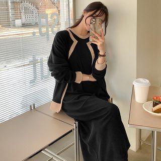 Contrast-trim Buttoned Cardigan & Long Dress Set