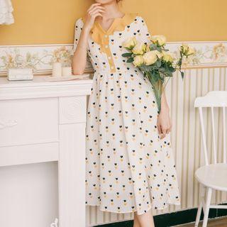 Contrast Trim Heart Print Midi A-line Dress