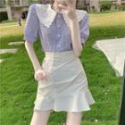 Color-block Peter-pan Collar Short-sleeve Blouse / Plain Ruffled-trim Skirt