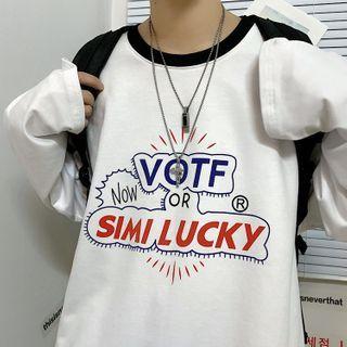 Contrast Neckline Long Sleeve Letter Print T-shirt