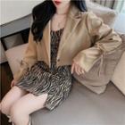 Spaghetti Strap Leopard Print Mini Split Dress / Double-breasted Padded-shoulder Crop Blazer