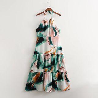 Spaghetti-strap Tie-dyed Tiered Midi A-line Dress
