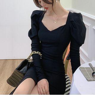 Padded Shoulder Slit Dress