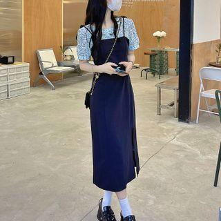 Short-sleeve Mock Two-piece Printed Midi Dress