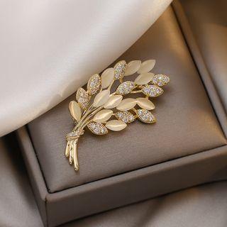 Leaf Cat Eye Stone Rhinestone Alloy Brooch Gold - One Size