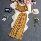 Set: Puff-sleeve Floral Blouse + High Waist Wide Leg Pants