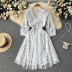 3/4 Sleeve V-neck Lace Floral Panel Mesh Dress