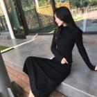 Plain Mock-neck Slim-fit Long-sleeve Dress