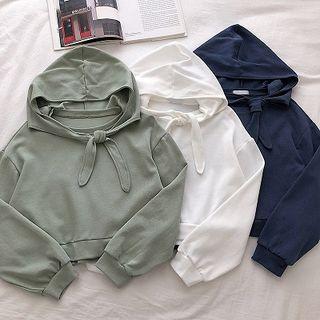 Plain Lace-up Hooded Long-sleeve Sweatshirt