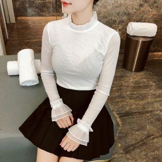 Long-sleeve Frill Trim Mesh Paneled T-shirt