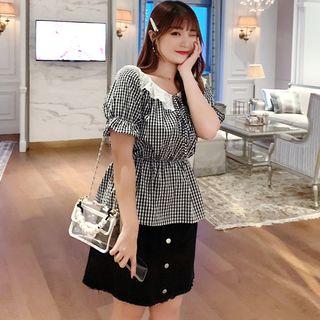 Set: Gingham Short-sleeve Blouse + Buttoned A-line Skirt