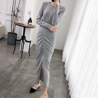 Long-sleeve Draped Maxi Sheath Dress