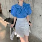 Puff-sleeve Top / Ruffled Mini Skirt