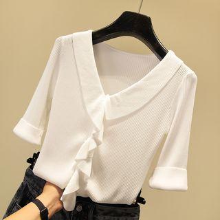Ruffle Trim Elbow-sleeve Knit Top