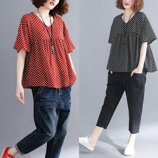 V-neck Dotted Short-sleeve T-shirt