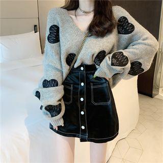 Heart Print Long-sleeve Sweater / Single-breasted A-line Skirt