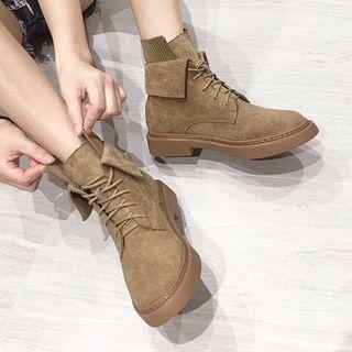 Lace-up Knit Panel Faux-suede Short Boots