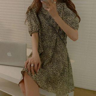 Elbow-sleeve Leopard Print Mini A-line Dress Leopard - One Size