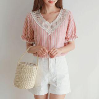 V-neck Crochet-trim Striped Blouse