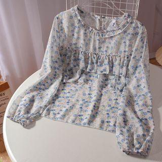 Puff-sleeve Floral Print Blouse Blue Floral - White - One Size