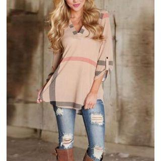 Check V-neck 3/4 Sleeve T-shirt