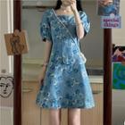 Short-sleeve Flower Print A-line Dress Sky Blue - One Size