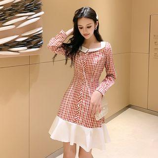Lace Trim Checked Long-sleeve A-line Dress