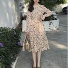 Long-sleeve Floral Midi A-line Dress Beige - One Size