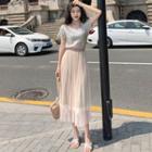 Glitter Short-sleeve T-shirt / Pleated Midi Skirt
