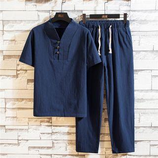 Set: Short-sleeve Placket Top + Straight Fit Pants