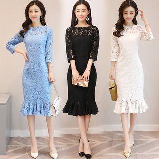Long Sleeve Tie-waist Lace Sheath Dress