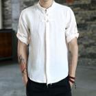 Mandarin Collar Short-sleeve Linen Shirt