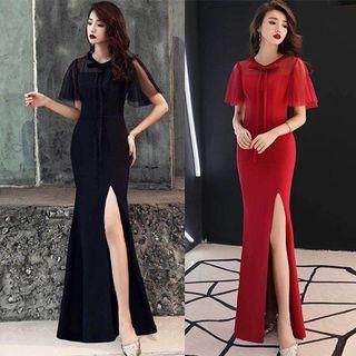 Flutter-sleeve Sheath Evening Gown