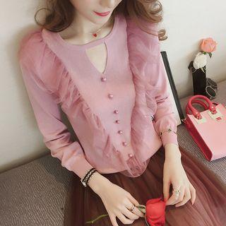 Mesh Trim Cut Out Detail Long Sleeve Knit Top
