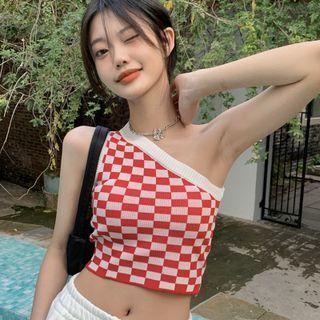 One-shoulder Checker Print Top