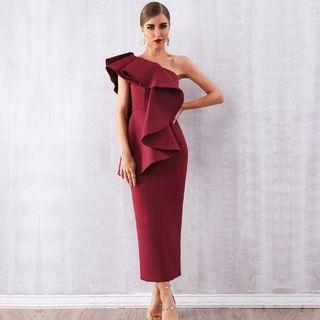 One Shoulder Split Back Ruffle Maxi Dress