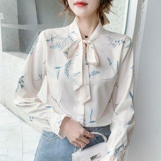 Long-sleeve Leaf Print Tie-neck Chiffon Blouse