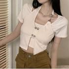 Short-sleeve Halter-neck Mock Two-piece Cutout T-shirt Almond - One Size